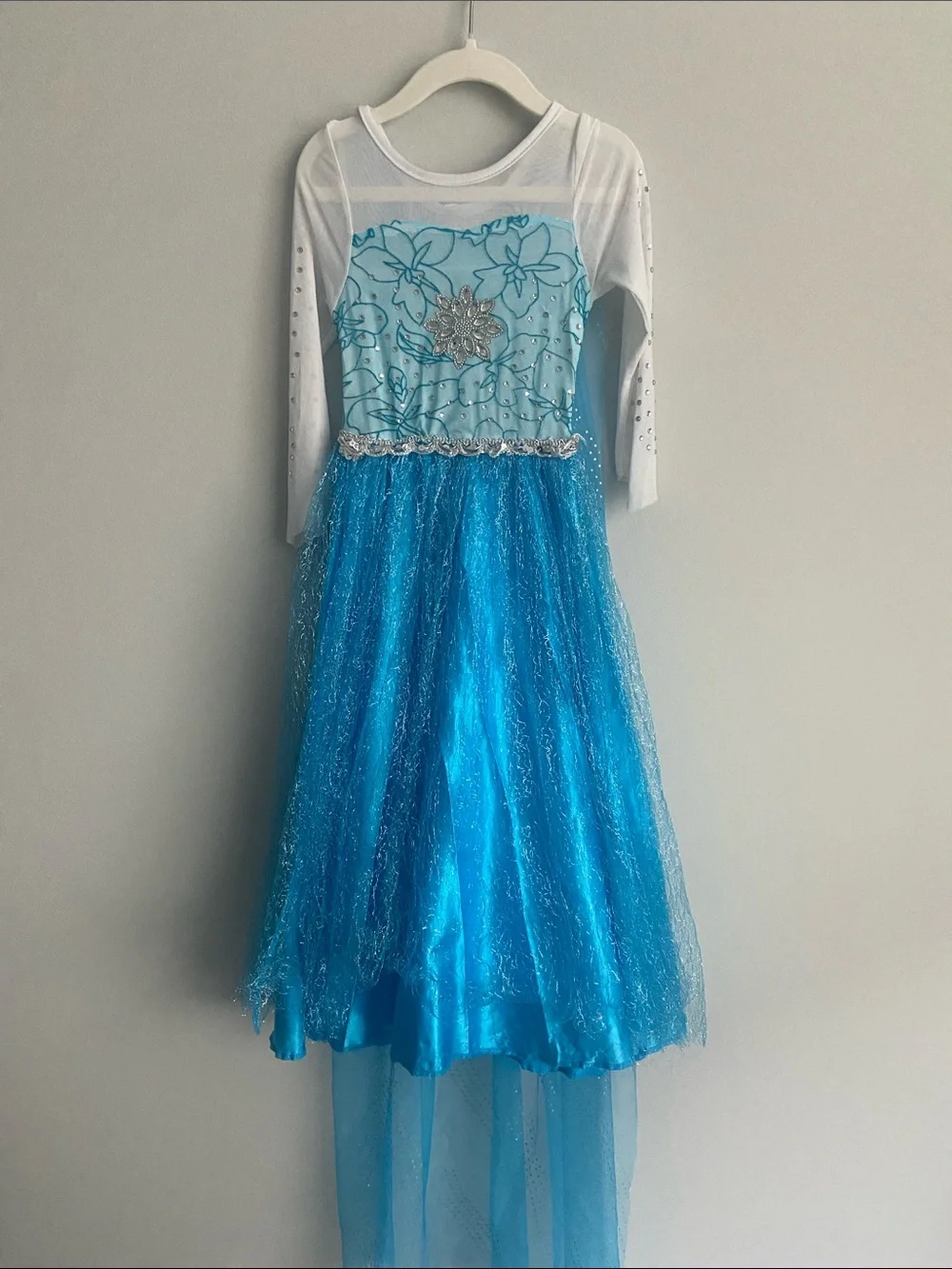 Girls Blue Sparkle Princess Dress with White Sleeves snowflakes Elsa inspired